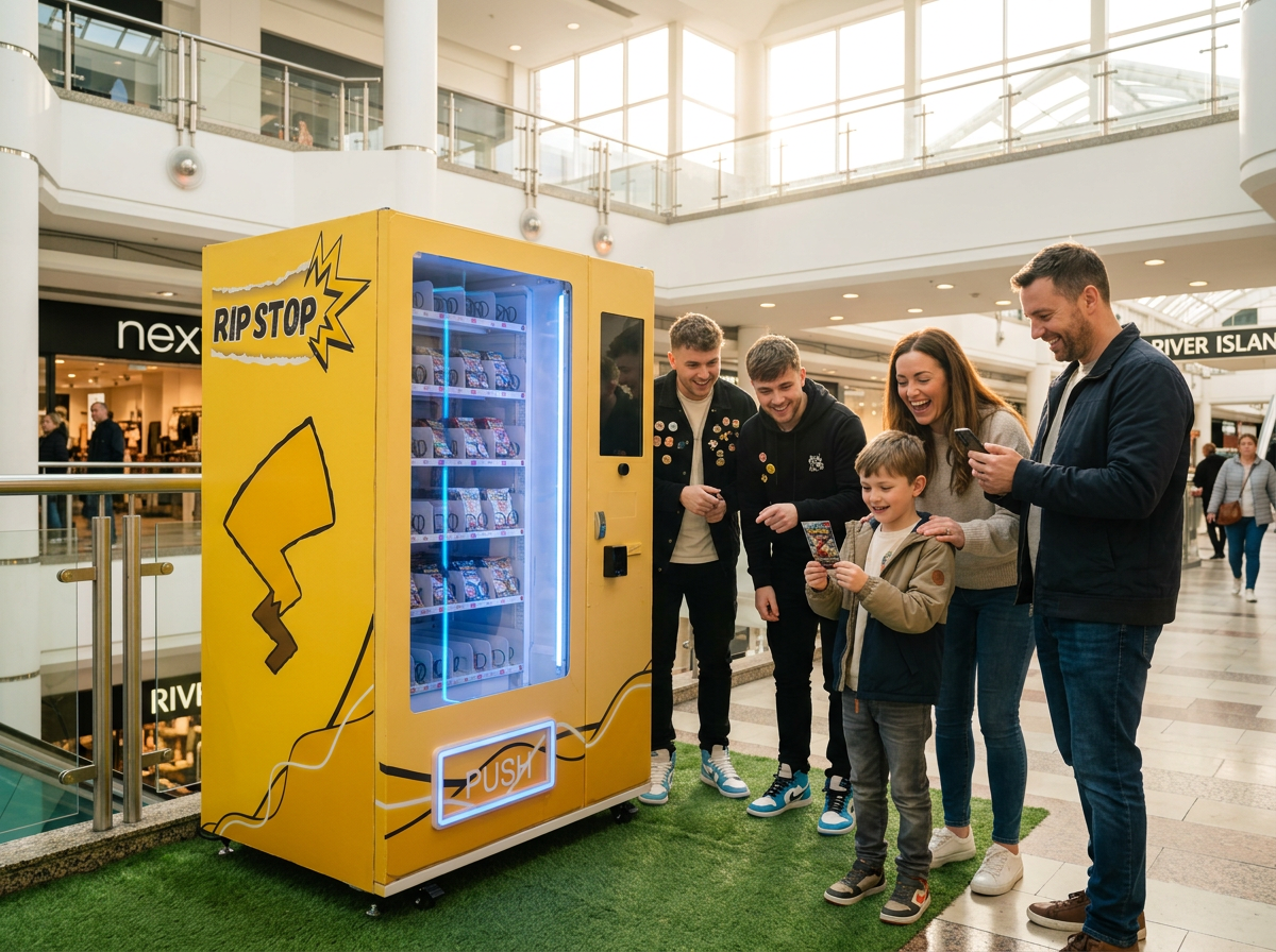 Young collectors and families enjoying trading cards from a Summit vending machine