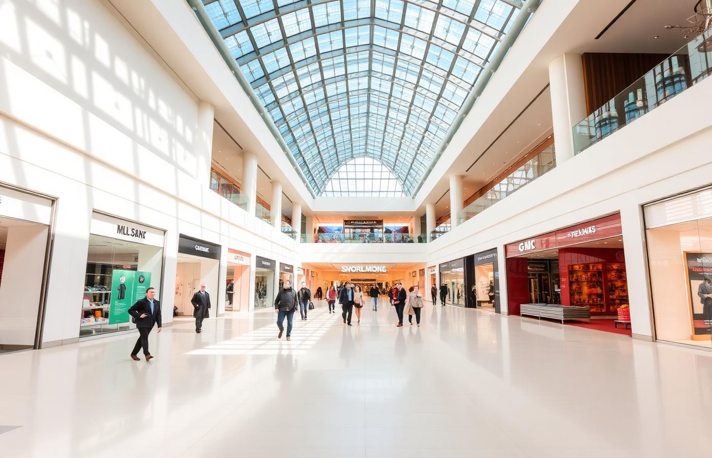 Bright modern UK shopping centre atrium — ideal location for a Summit trading card vending machine